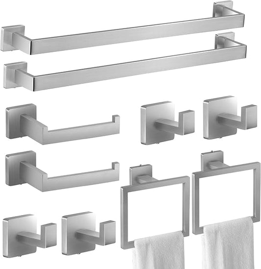 Brushed Nickel Bathroom Hardware Set 10 Pieces Includs 2pcs 24 inch Towel bar, 2pcs Towel Ring, 2pcs Toilet Paper Holder, 4pcs Towel Hook (Brushed-10PCS-24Inch)
