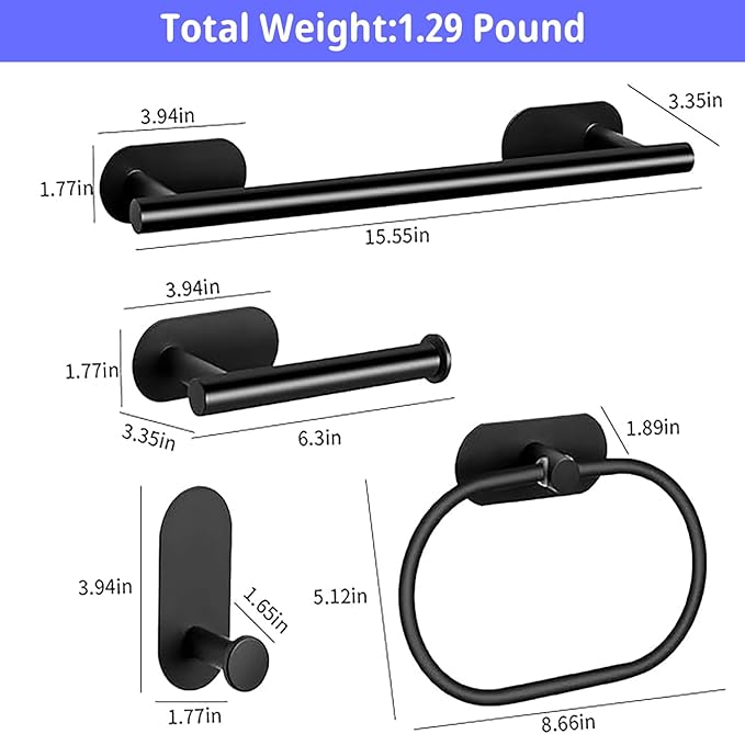 Bathroom Hardware Set, 16" Bathroom Towel Holder with Toilet Paper Holder, Towel Ring, Towel Hook, Bathroom Accessories for Kitchens, Laundry Rooms (10, Black)