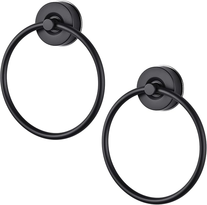 YOHOM Suction Cup Towel Ring Hand Towel Holder for Bathroom Vacuum Suction Washcloth Holder Dish Towel Hanger for Shower Wall No Drill Stainless Steel Matte Black, 2 PCS