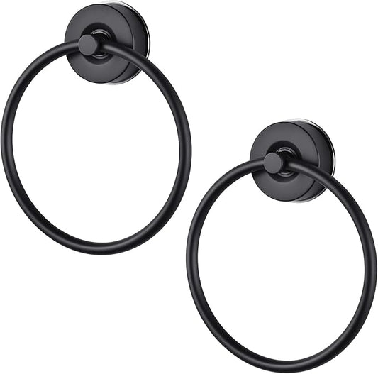 YOHOM Suction Cup Towel Ring Hand Towel Holder for Bathroom Vacuum Suction Washcloth Holder Dish Towel Hanger for Shower Wall No Drill Stainless Steel Matte Black, 2 PCS