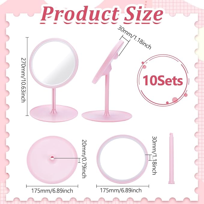 10Pcs Makeup Mirror, Spa Party Mirror Make up Table Mirrors Desk Portable Mirrors Sleepover Favors Accessory Spa Day Supplies for Slumber Birthday Party Favors Tabletop Bathroom, Pink