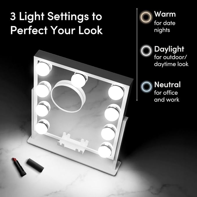 Fancii Vanity Mirror with Lights, BT Speaker, Wireless Charging - Detachable 10X Magnifying Mirror, 9 Hollywood Bulbs, LED Lighted Makeup Mirror with Phone Stand, 3 Color Modes, Adjustable Tilt