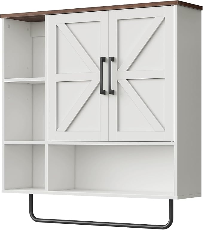 CHOEZON Bathroom Wall Cabinet, Medicine Cabinet Wall Mounted, Over Toilet Storage Cabinet, Wall Cabinet with Towel Bar, Open and Hidden Storage Space, for Bathroom Living Room Kitchen White and Walnut
