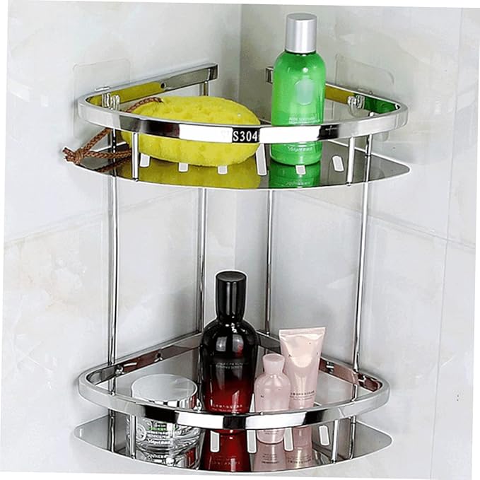 PRETYZOOM Stainless Steel Double Layer Corner Storage Rack Thickened Triangle Bathroom Shelf Organizer with Hollow Out Design for Efficient Space Utilization