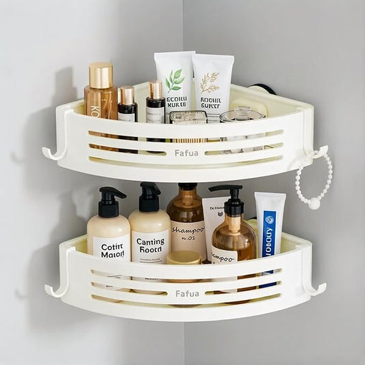 Corner Shower Caddy Suction Cup, No-Drilling Hanging Suction Shower Shelves with Hooks, Waterproof & Rustproof Removable Shower Organizer for Bathroom Storage, 2Pack