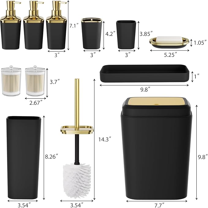 Bathroom Set — Black Bathroom Accessories Set, 11PC Bathroom Accessory Set, Black Bathroom Set with Push-lid Trash Can, 3PC Soap Dispensers, Toilet Brush & Qtip Holders