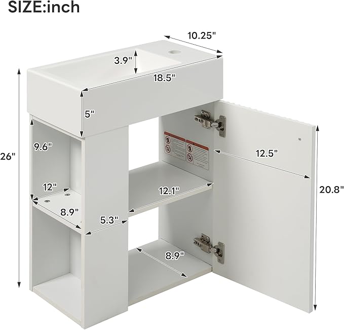 Virubi 18.5" Floating Bathroom Vanity with Sink, Soft Closing Doors, Wood Modern Single Small Bathroom Vanity Cabinet with Open Shelf, Wall Mounted (White, Left Shelves)