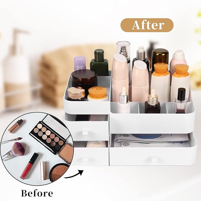 BTremary Makeup Organizer for Vanity, Large Capacity Desk Organizer with Drawers for Cosmetics, Lipsticks, Jewelry, Nail Care, Skincare, Ideal for Bedroom and Bathroom Countertops