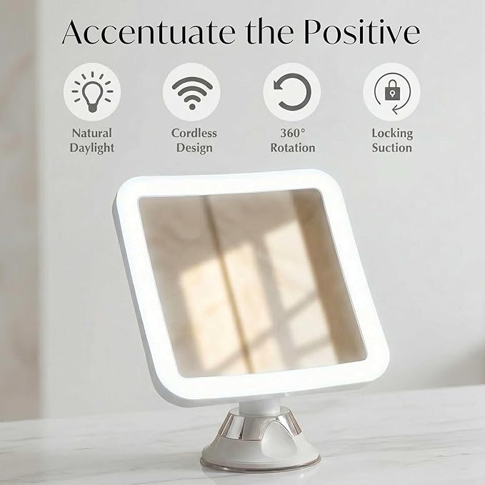 Fancii 10X Magnifying Lighted Makeup Mirror - Daylight LED Vanity Mirror - Compact, Cordless, Locking Suction, 6.5" Wide, 360 Rotation, Portable Illuminated Bathroom Mirror (Square)