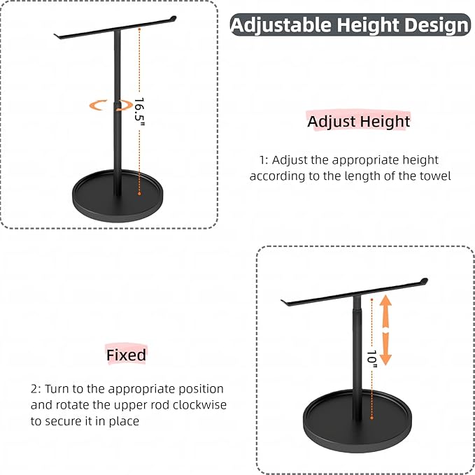 Hand Towel Holder Stand for Bathroom Countertop, Black T-Shape Towel Rack Free Standing, 16.5 Inch Adjustable Retractable, Stainless Steel Freestanding for Kitchen Bedroom Counter Organizer Waterproof
