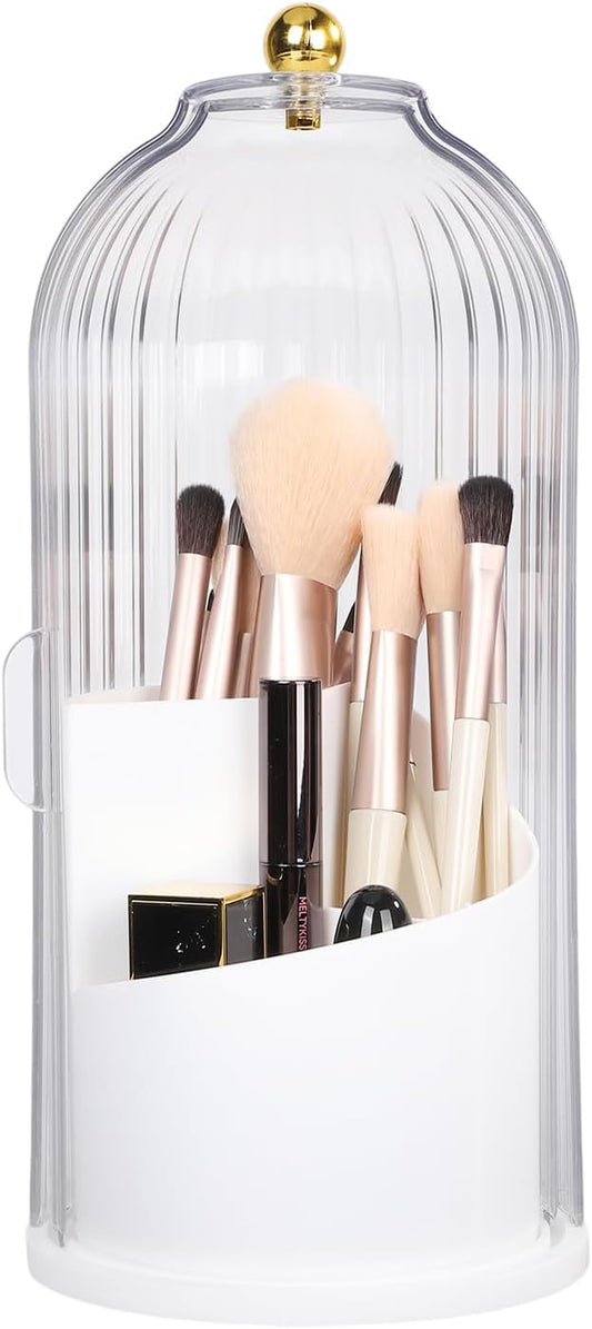 3 Tier Makeup Organizer with Clear Lid - 360° Rotating Protective Vanity Brush Holder for Bathroom Countertop White