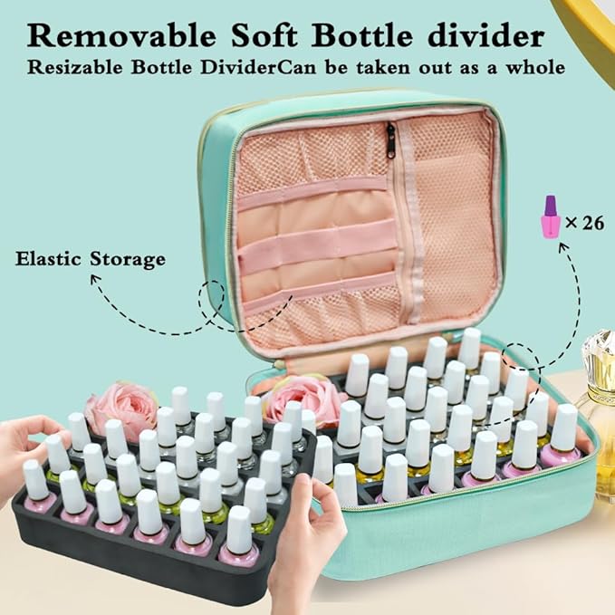 Nail Polish Organizer Bag, Double-Layer Nail Supplies Organizer Holds 30 Bottles & Nail Lamp, Professional Nail Kit Storage Make up Carrying Case (Green)