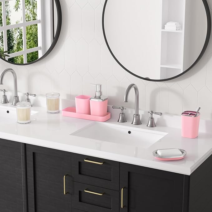 XLHOMO Pink Bathroom Accessory Set, Plastic Bathroom Set with Tray, Soap Dispenser, Toothbrush Holder, Toothbrush Cup, Soap Dish, Toilet Brush, Trash Can and Q-tip Holders for Bathroom/Housewarming