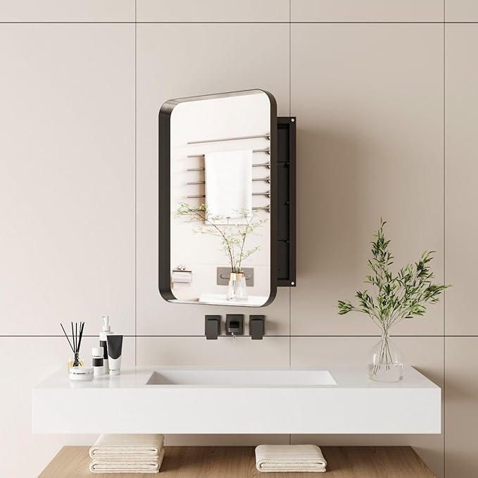 16 x 24 Inch Rounded Rectangle Medicine Cabinet with Mirror and Black Metal Frame for Bathroom, Recessed or Surface Wall Mount Cabinet with 2 Adjustable Glass Shelves, Matte Black