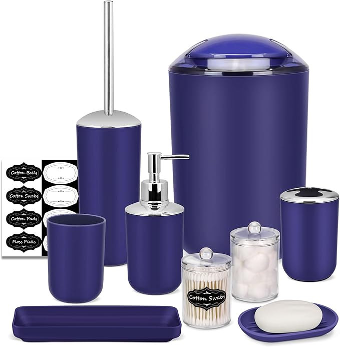 IMAVO Bathroom Accessories Set,Navy Blue Bathroom Set,9 Pieces Bathroom Accessory Set,Tray,Qtip Holders,Toilet Brush,Trash Can for Bathroom Décor and Home Gifts