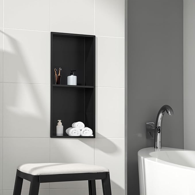 SaniteModar Shower Niche, Stainless Steel Shower Niche No Tile Needed, Recessed for Bathroom Storage (Matte Black, 12x24,Double)
