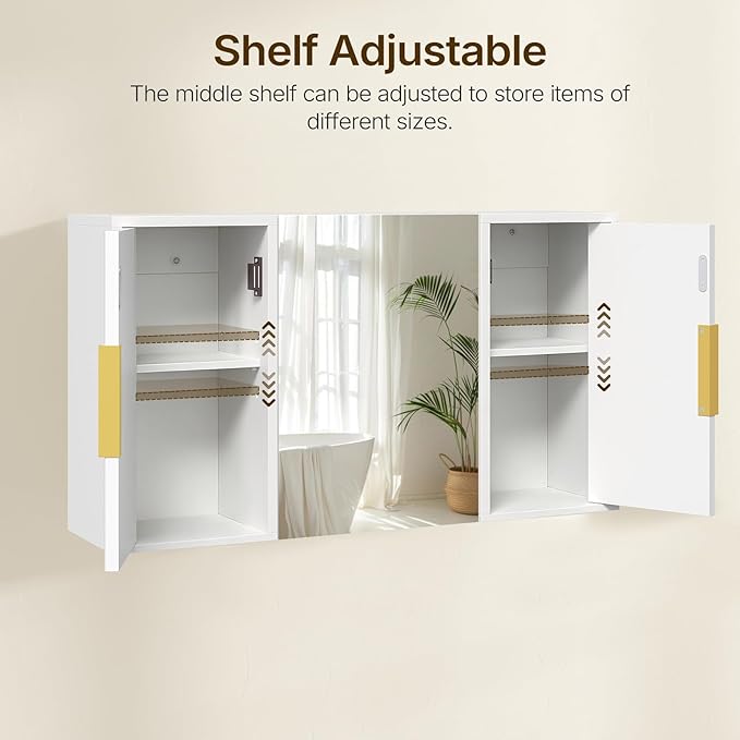 YATINEY Bathroom Wall Cabinet with Mirror, Medicine Cabinet Mirror, Wall Mounted Medicine Cabinet, Mirrored Door Over The Toilet Storage, for Laundry Room, Bedroom, Camper, Hallway, White