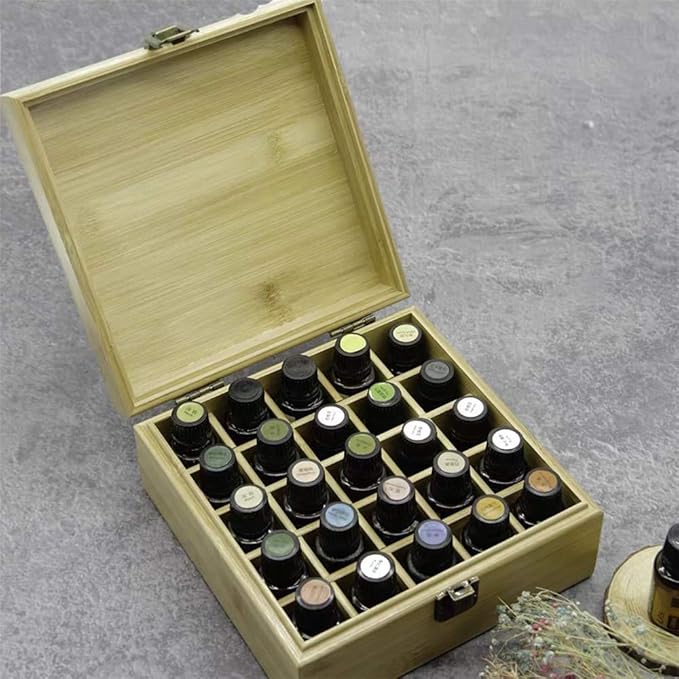 Pure Vie Bamboo Essential Oil Storage Box Travel Organizer Case with Bottle Cap Label - Aromatherapy Nail Polish Fragrance Container, Holds 25 Bottle for 5-15ml - Keep Scented Oil Safe & Space Saver