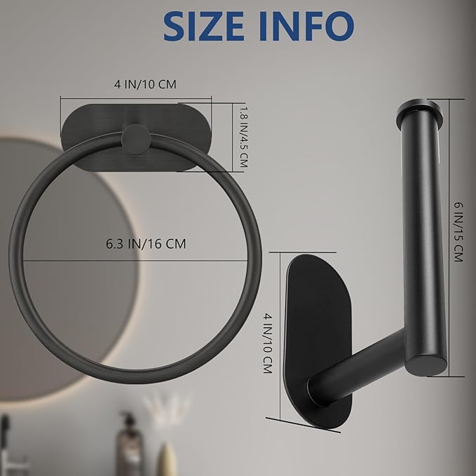 Self Adhesive Towel Ring and Toilet Paper Holder, No Drilling Stainless Steel Bathroom Hardware Set, Sturdy Bathroom Accessories for Home or Kitchen, Wall Mounted (Black)