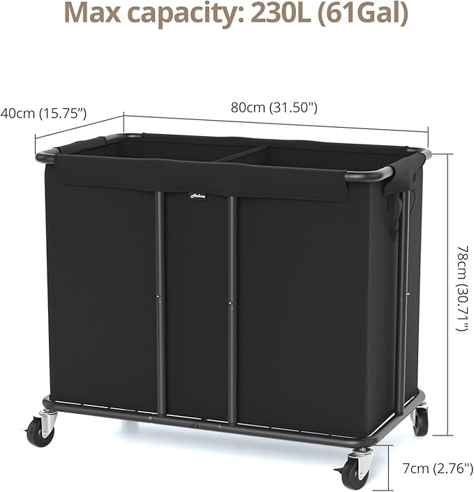 Hodonas Laundry Hamper with Wheels, 2-Section 230L (61Gal) Large Capacity, Heavy-Duty Rolling Clothes Basket with Silent Rubber Casters & Detachable Oxford Bags for Home, Black, 31.5"Lx15.75W"x30.7"H