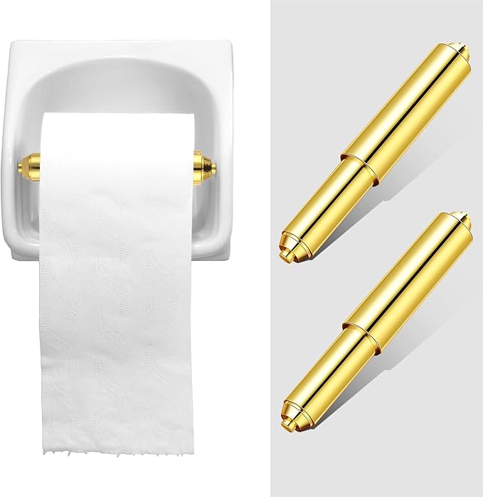 Shappy 2 Pcs Universal Toilet Paper Holder Replacement Rod Spring Loaded Plastic Retractable Paper Replacement Rod Toilet Tissue Roll Holder Insert for Bathroom Home Fixture Accessories (Gold)