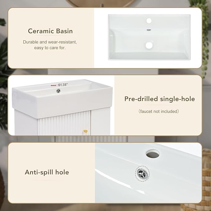 Virubi 21.6 in Floating Bathroom Vanity with Sink,Soft Closing Doors,Solid Wood Frame & MDF Modern Single Small White Bathroom Vanity Cabinet with Open Shelf,Wall Mounted