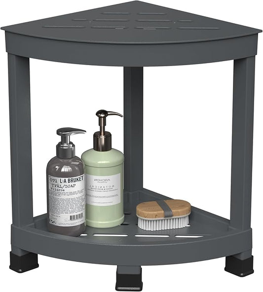 GallopFun Corner Shower Stool for Inside Shower, Waterproof Shower Bench for Shaving Legs, Plastic Anti-Fracture Shower Seat/Foot Rest with Baffle Storage Shelf, Rapid Assembly DIY Shelf (Gray)
