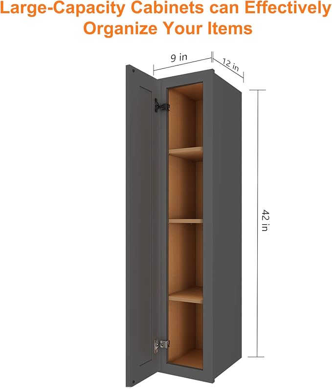 ROOMTEC Wood Wall Cabinet,RTA Single Door Medicine Cabinet with Adjustable Shelves and Soft-Close Door for Kitchen, Bathroom, and Laundry. 12" D*9" W*42" H, Shaker Grey