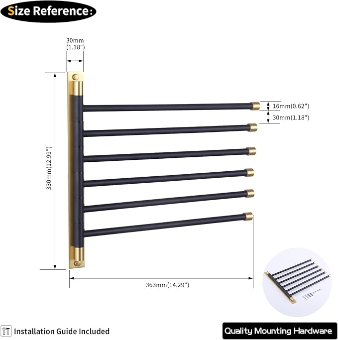 GERZWY Bathroom Swing Arm Towel Bars Wall Mount Bath Towel Rack with 6 Arms Hanger Towel Holder Organizer Stainless Steel (Black & Gold) HYG06-BD