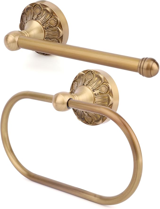 2pcs Antique Brass Toilet Paper Holder, Retro Brass Hand Towel Ring Wall Mounted Towel Rack Bathroom Accessories for Home Hostel