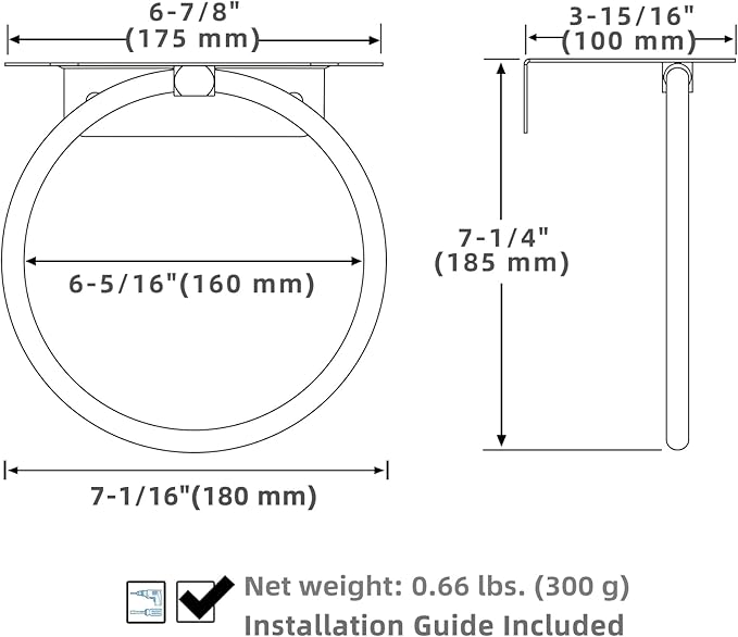 APLusee Matte Black Bath Towel Ring with Shelf, Stainless Steel Towel Holder, Wall Mount