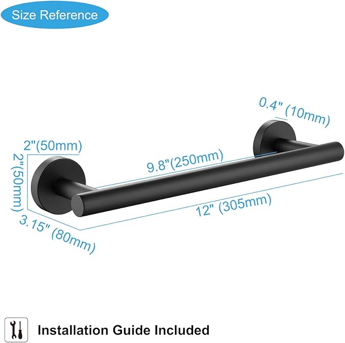 TASTOS 12 Inch Black Single Towel Bar Rack, SUS 304 Stainless Steel Round Bathroom Towel Bar Heavy Duty Towel Holder Kitchen Towel Rod, Wall Mount with Screws Towel Bar Rod Matte Black Finish