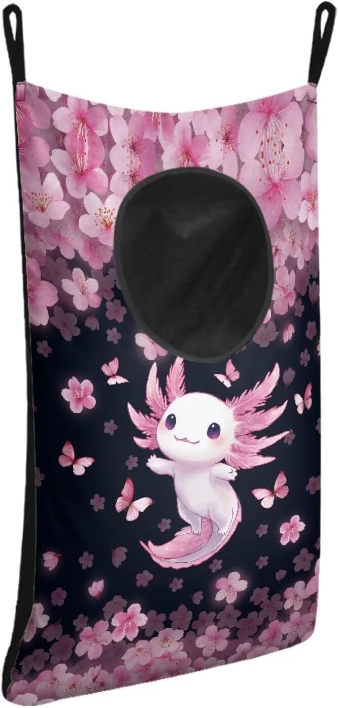 ZOUTAIRONG Pink Axolotl Cherry Blossoms Hanging Laundry Bags for Closet Laundry Basket Clothes Hamper Large Storage Organizer for Kids Bedroom, Bathroom Clothes Hampers