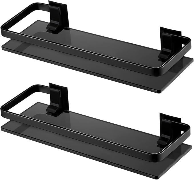 KES Black Glass Shelf for Bathroom, Glass Wall Shelf Extra Thick Tempered Glass shelfs Rectangular 2 Pack, Wall Mounted, BGS4126A-BK-P2
