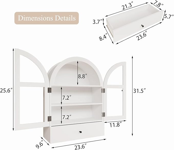 BOSHIRO Arched Bathroom Wall Cabinet with Drawer Over The Toilet Storage Cabinet, Medicine Cabinet with Glass Door for Living Room, Kitchen（White）