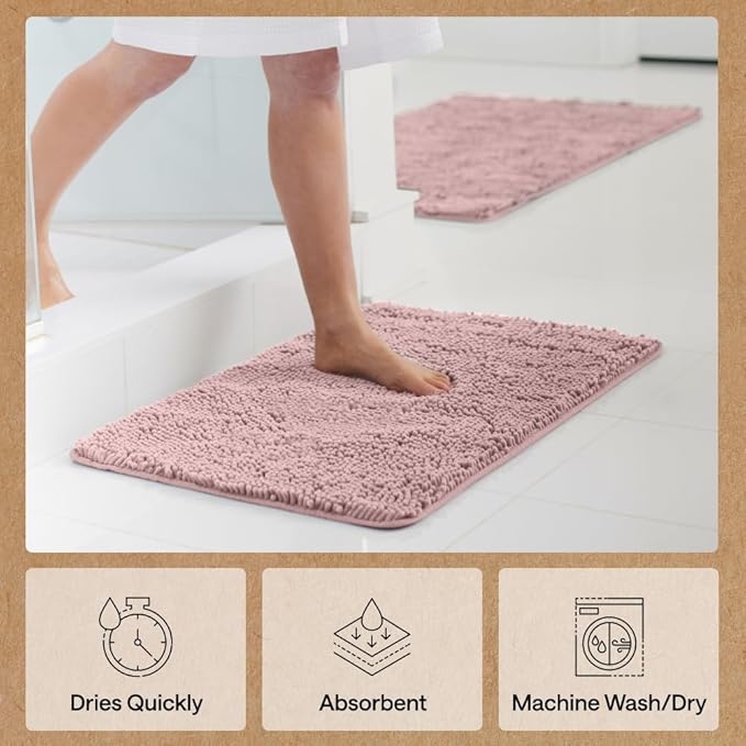 GORILLA GRIP Bath Rug Mat 60x24, Soft Absorbent Chenille, Quick Dry Microfiber Mats, Rubber Backing Washable Shower Floor Rugs, Bathmat Runner, US Designed Bathroom Home Decor Accessories Dusty Rose