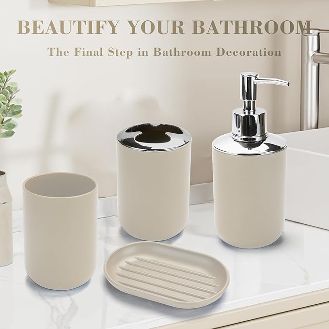 4 Pcs Beige Bathroom Accessories Set,Bohemian Bathroom Toothbrush Holder Set.Include Soap Dispenser, Soap Dish, Toothbrush Holder, Mouthwash Cup, Modern Bahtroom Decor Set