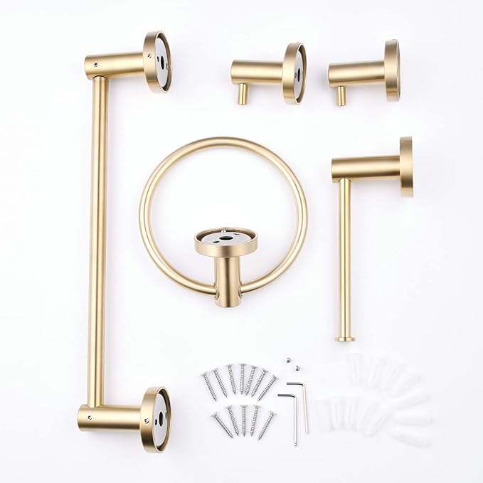 SHUNLI 5 Pieces Bathroom Accessories Hardware Set (Adjustable Towel Bar 16 to 26 Inch, Toilet Paper Holder, Towel Ring, 2PCS Hook) Brushed Gold Wall Mounted Bath Fixtures Set, SUS304 Stainless Steel