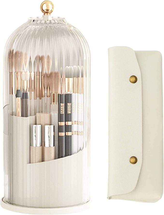 BigKing Makeup Brush Holder with Lid, Brush Holder Makeup Organizer,360 Rotating Dustproof Makeup Brushes Organizer for Vanity Desktop Bathroom Countertop,3 Slots, Makeup Brush Holder Travel (A)