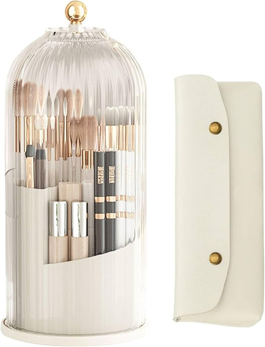 BigKing Makeup Brush Holder with Lid, Brush Holder Makeup Organizer,360 Rotating Dustproof Makeup Brushes Organizer for Vanity Desktop Bathroom Countertop,3 Slots, Makeup Brush Holder Travel (A)