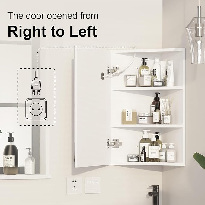 Corner Medicine Cabinet with Mirror,Lighted Medicine Cabinet with 2 Storage Shelf, 24" Bathroom Mirror Cabinet,Wall Mounted,Opens Right to Left,White,24" x16"
