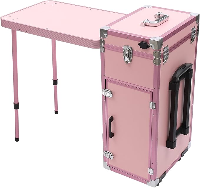 Upgraded Rolling Makeup Case, Foldable Nail Tables Travel Cosmetic Trolley Storage Organizer with 4 Drawers Mirror Pink Nail Table Large Storage Makeup Organizer