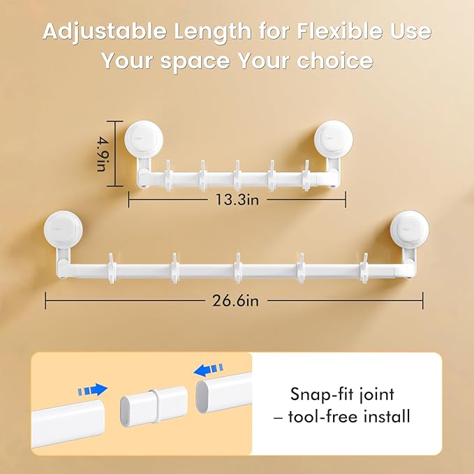 Avolare Suction Cup Towel Bar, Adjustable 24 Inches Adhesive Towel Holder for Bathroom, No Drill Wall Mounted Towel Rack with 5 Sliding Hooks, White Towel Shelf for Kitchen, Toilet, Shower, Door