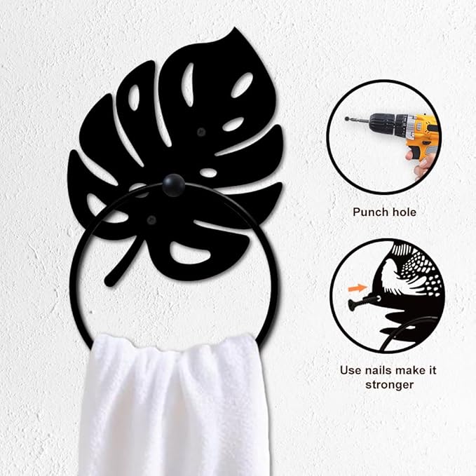 MAYJOYDIY Monstera Leaf Metal Towel Ring Leave Shape Towel Holder Plants Theme Rustic Wall Decor Towel Hanger Black Art Towel Rack Wall Mounted for Bathroom Kitchen Home Decors Gift