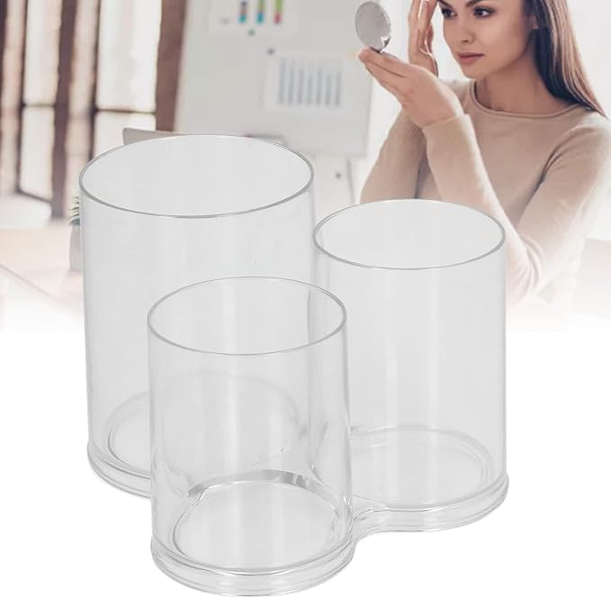 Clear Round Plastic Makeup Container,Makeup Brush Holders,Acrylic Cosmetic Storage Organizer with Compartments, Pencil Cup Stationery Organizer for Eyeliner Pencil and Beauty Tools,3 Connected Towers