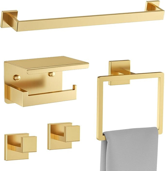 Brushed Gold Towel Bar Set 5 Pieces Bathroom Hardware Accessories Set,Upgraded Toilet Paper Holder with Shelf,Stainless Steel Towel Holder Set for Bathroom,Wall-Mounted 23.6 in