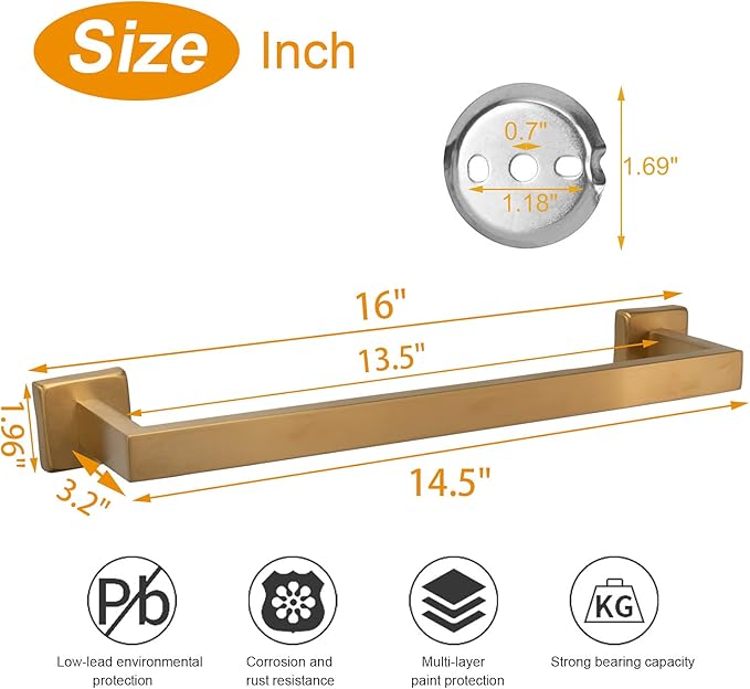TocTen Bath Towel Rack - Square Base Thicken SUS304 Stainless Steel Towel Bar for Bathroom, Bathroom Accessories Towel Rod Heavy Duty Wall Mounted Towel Holder. (Brushed Gold, 16)