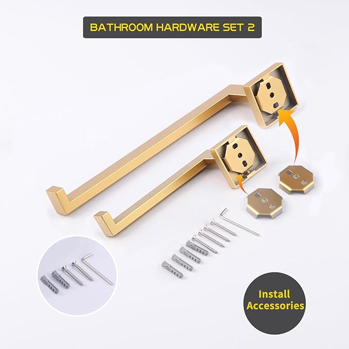 GERZWY Bathroom 2-Piece Bathroom Hardware Set Gold Stainless Steel - Toilet Paper Holder Towel Ring IG1856-2BE