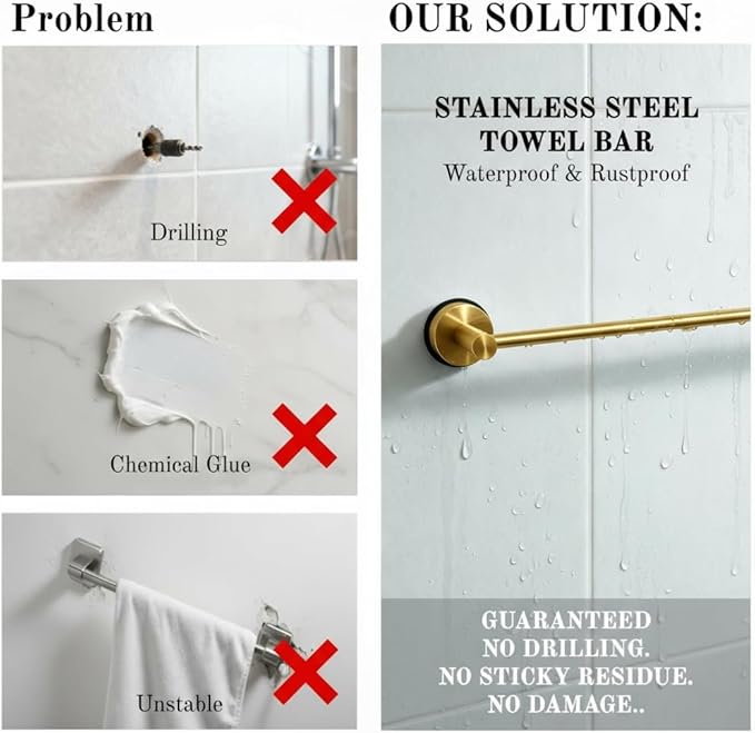 Suction Cup Towel Bar 17-28 Inch Adjustable Retractable Stainless Steel Towel Rack for Bathroom, RV & Renters - No Drill Heavy Duty Wall Mounted Holder, Removable for Glass & Tile (1, Golden)