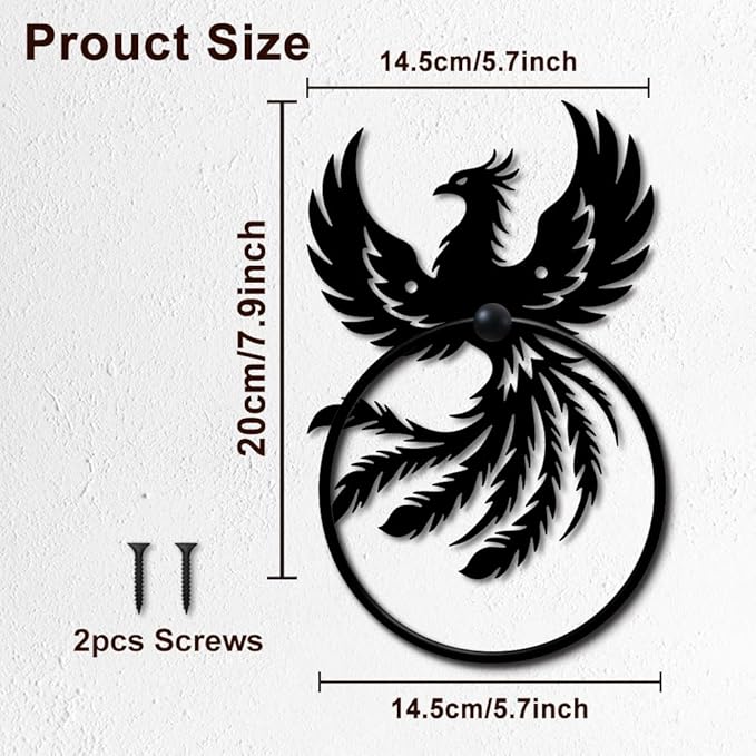 MAYJOYDIY Phoenix Metal Towel Ring Round Animal Hand Towel Holder Ring Hanger Wall Mount Black Vintage Towels Wall Organizer for Kitchen Bath Home Laundry Room Decors Gifts